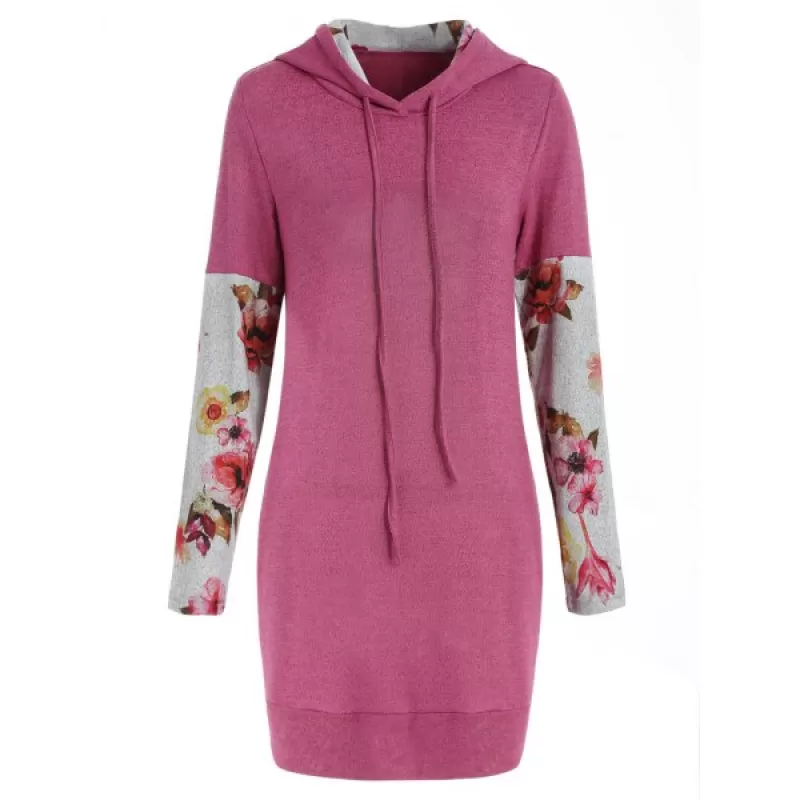 Floral Long Sleeve Drawstring Hoodie - Pink