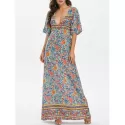 Floral Low Cut Empire Waist Maxi Dress - Light ea Green