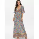 Floral Low Cut Empire Waist Maxi Dress - Light ea Green