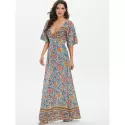 Floral Low Cut Empire Waist Maxi Dress - Light ea Green