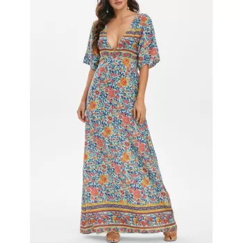 Floral Low Cut Empire Waist Maxi Dress - Light ea Green