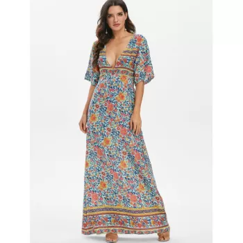 Floral Low Cut Empire Waist Maxi Dress - Light ea Green