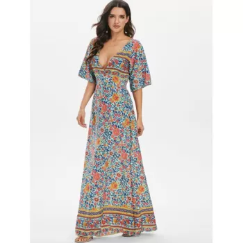 Floral Low Cut Empire Waist Maxi Dress - Light ea Green