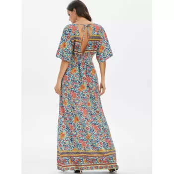 Floral Low Cut Empire Waist Maxi Dress - Light ea Green