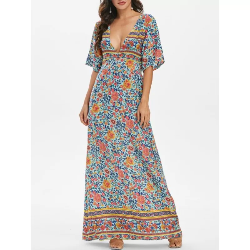 Floral Low Cut Empire Waist Maxi Dress - Light ea Green