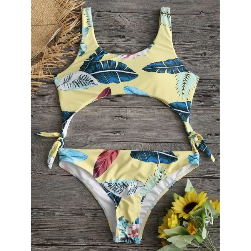 Floral Palm eaf Print Detachable Swimwear -