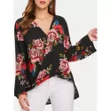 Floral Pattern Low Cut Blouse - Black