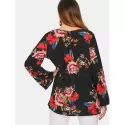 Floral Pattern Low Cut Blouse - Black