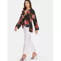Floral Pattern Low Cut Blouse - Black
