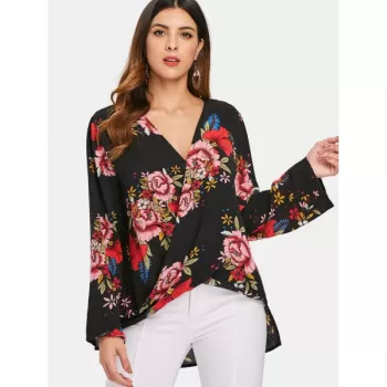 Floral Pattern Low Cut Blouse - Black