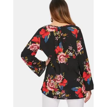 Floral Pattern Low Cut Blouse - Black
