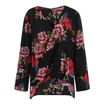Floral Pattern Low Cut Blouse - Black