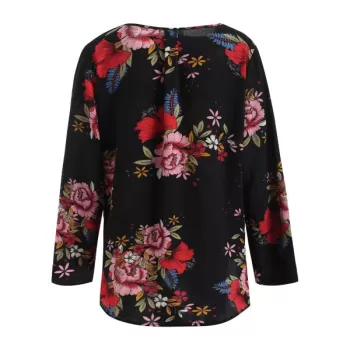 Floral Pattern Low Cut Blouse - Black