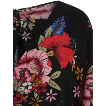 Floral Pattern Low Cut Blouse - Black