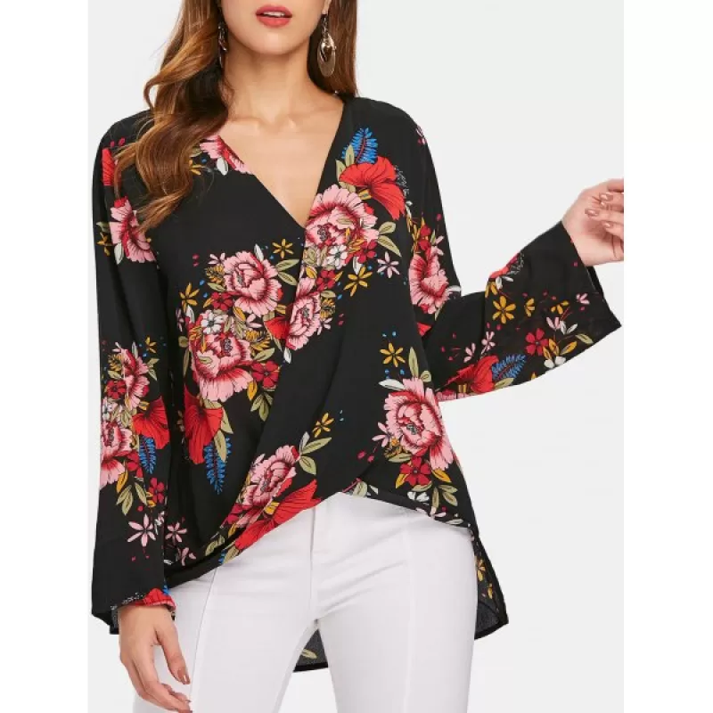 Floral Pattern Low Cut Blouse - Black