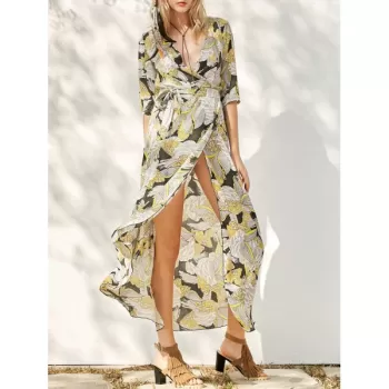 Floral Patterned Long wing Wrap Beach Boho Dress - Yellow