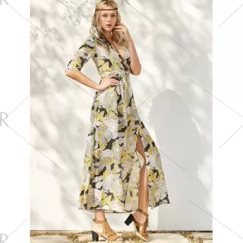 Floral Patterned Long wing Wrap Beach Boho Dress - Yellow