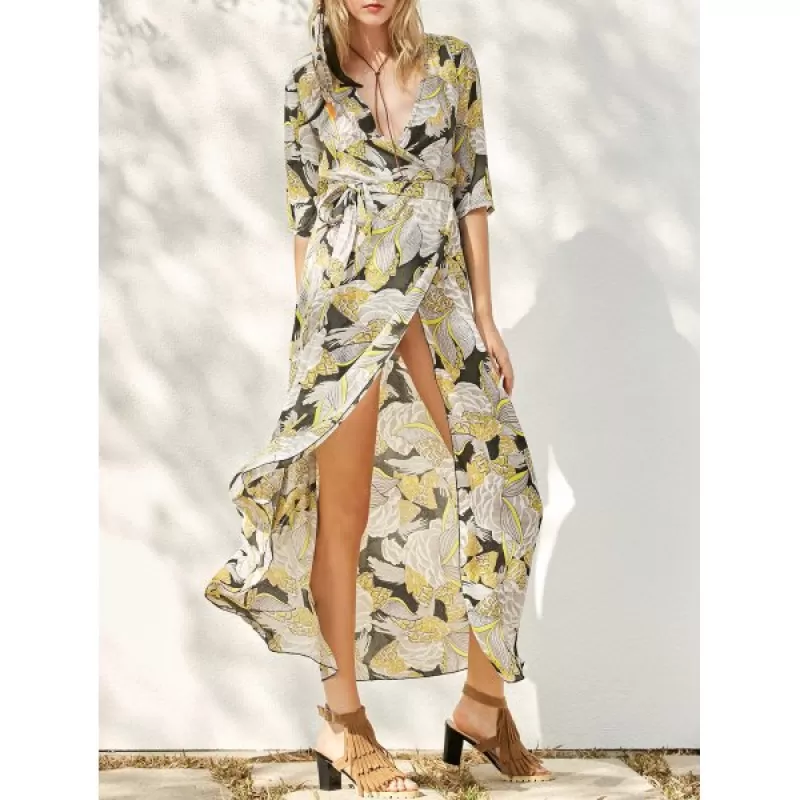 Floral Patterned Long wing Wrap Beach Boho Dress - Yellow