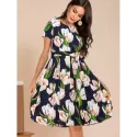 Floral Pleated Detail Knee Length Dress -