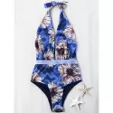 Floral Plunging Halter Neck One-piece Swimwear - Blue