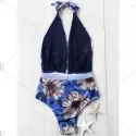 Floral Plunging Halter Neck One-piece Swimwear - Blue