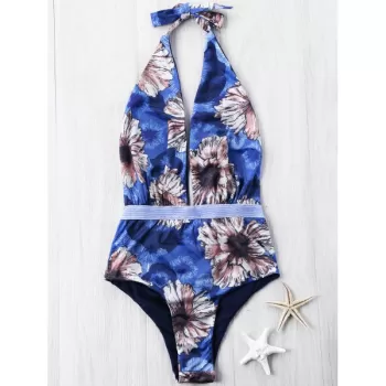 Floral Plunging Halter Neck One-piece Swimwear - Blue
