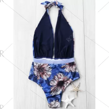 Floral Plunging Halter Neck One-piece Swimwear - Blue