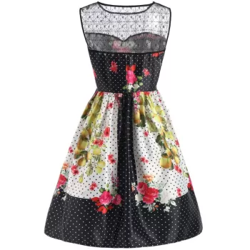 Floral Polka Dot Vintage Dress - Black