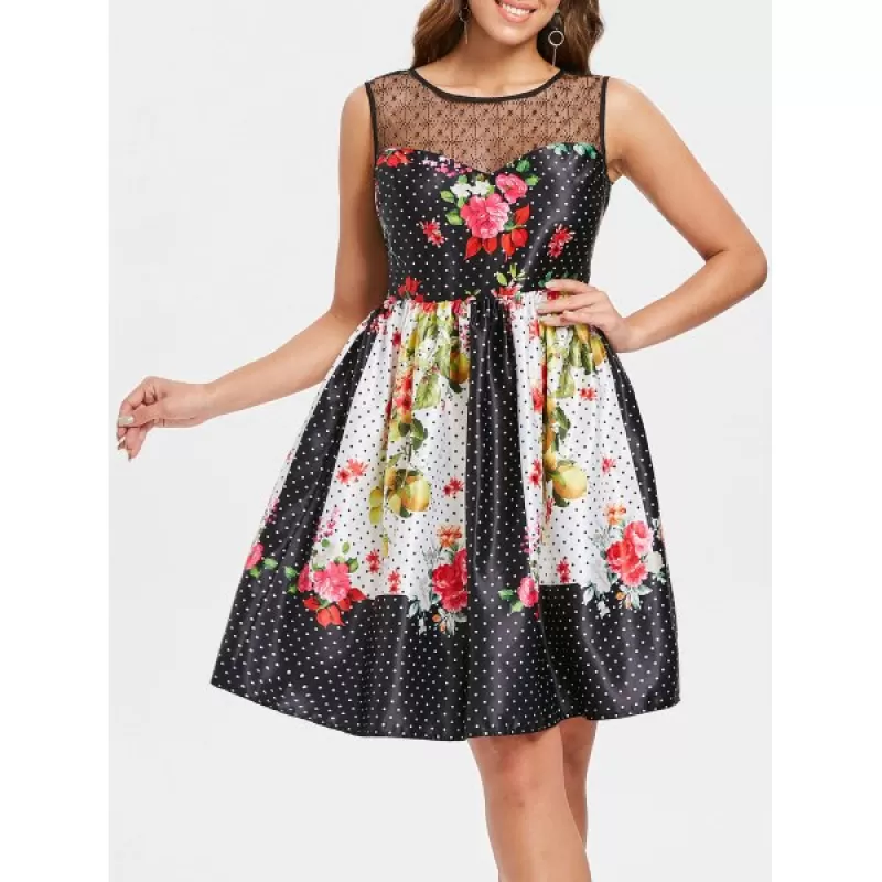 Floral Polka Dot Vintage Dress - Black