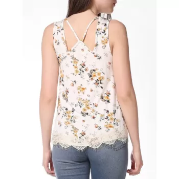 Floral Print Back Cross Detail Tank Top - Milk White