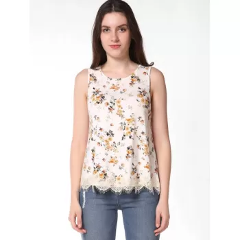 Floral Print Back Cross Detail Tank Top - Milk White