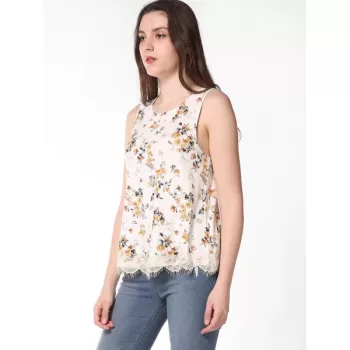 Floral Print Back Cross Detail Tank Top - Milk White