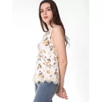Floral Print Back Cross Detail Tank Top - Milk White