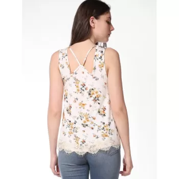 Floral Print Back Cross Detail Tank Top - Milk White