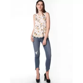 Floral Print Back Cross Detail Tank Top - Milk White