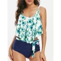 Floral Print Belted Overlay Tankini wimsuit - Navy Blue