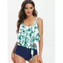 Floral Print Belted Overlay Tankini wimsuit - Navy Blue
