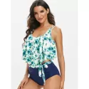 Floral Print Belted Overlay Tankini wimsuit - Navy Blue