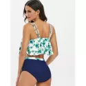 Floral Print Belted Overlay Tankini wimsuit - Navy Blue