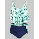 Floral Print Belted Overlay Tankini wimsuit - Navy Blue