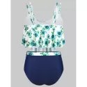 Floral Print Belted Overlay Tankini wimsuit - Navy Blue
