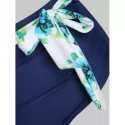 Floral Print Belted Overlay Tankini wimsuit - Navy Blue