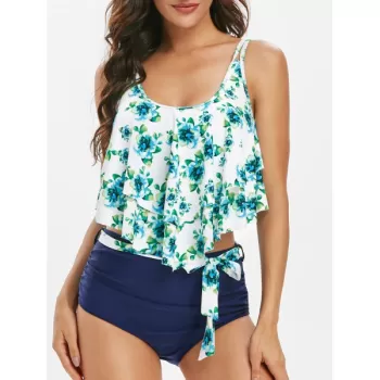 Floral Print Belted Overlay Tankini wimsuit - Navy Blue
