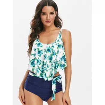 Floral Print Belted Overlay Tankini wimsuit - Navy Blue
