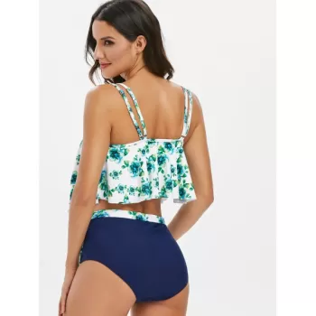 Floral Print Belted Overlay Tankini wimsuit - Navy Blue