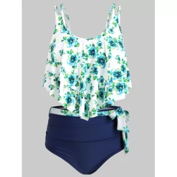 Floral Print Belted Overlay Tankini wimsuit - Navy Blue