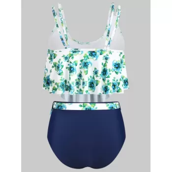 Floral Print Belted Overlay Tankini wimsuit - Navy Blue