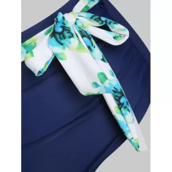 Floral Print Belted Overlay Tankini wimsuit - Navy Blue