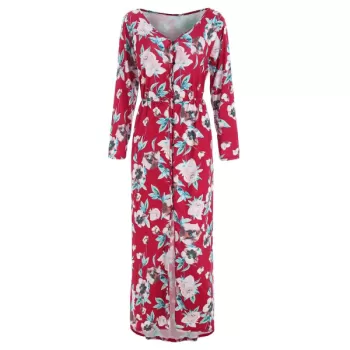 Floral Print Button Up axi Dress - Red