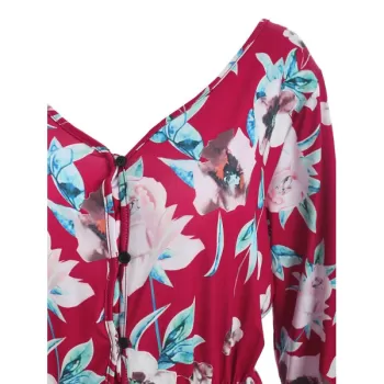 Floral Print Button Up axi Dress - Red